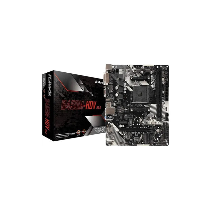 ASRock B450M-HDV R4.0 MicroATX Motherboard – AM4 Socket, DDR4 3200MHz, HDMI/DVI-D/D-Sub, Supports Ryzen 2000–5000 Series CPUs