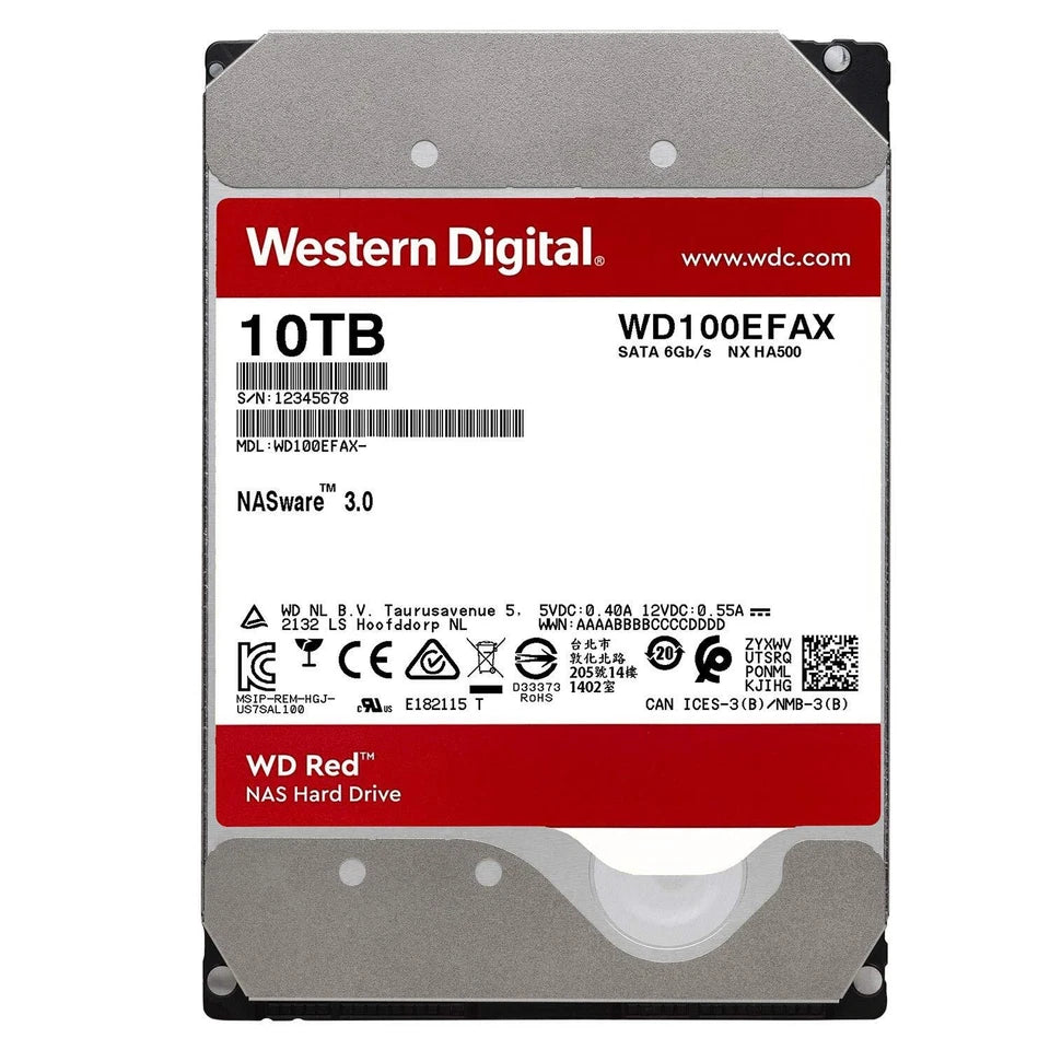 WD Red 10TB NAS Hard Drive - 5400 RPM Class, SATA 6 Gb/s, 256 MB Cache, 3.5" - WD100EFAX
